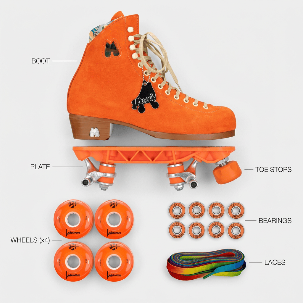 ROLLFORM flat lay - roller skate components laid out: boot, plate, wheels, bearings and laces